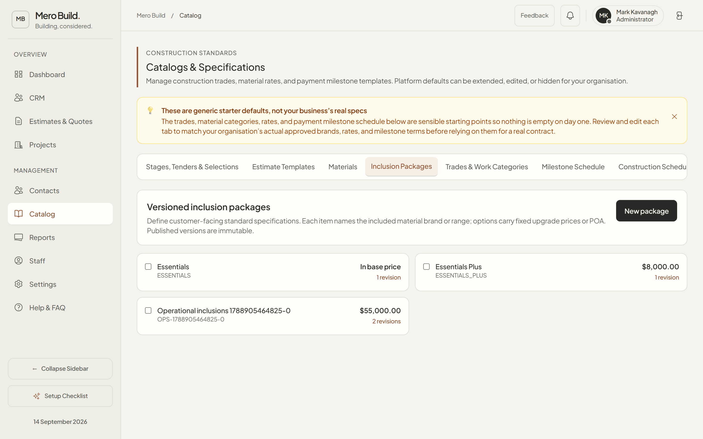 Catalog inclusion packages with tiers and items