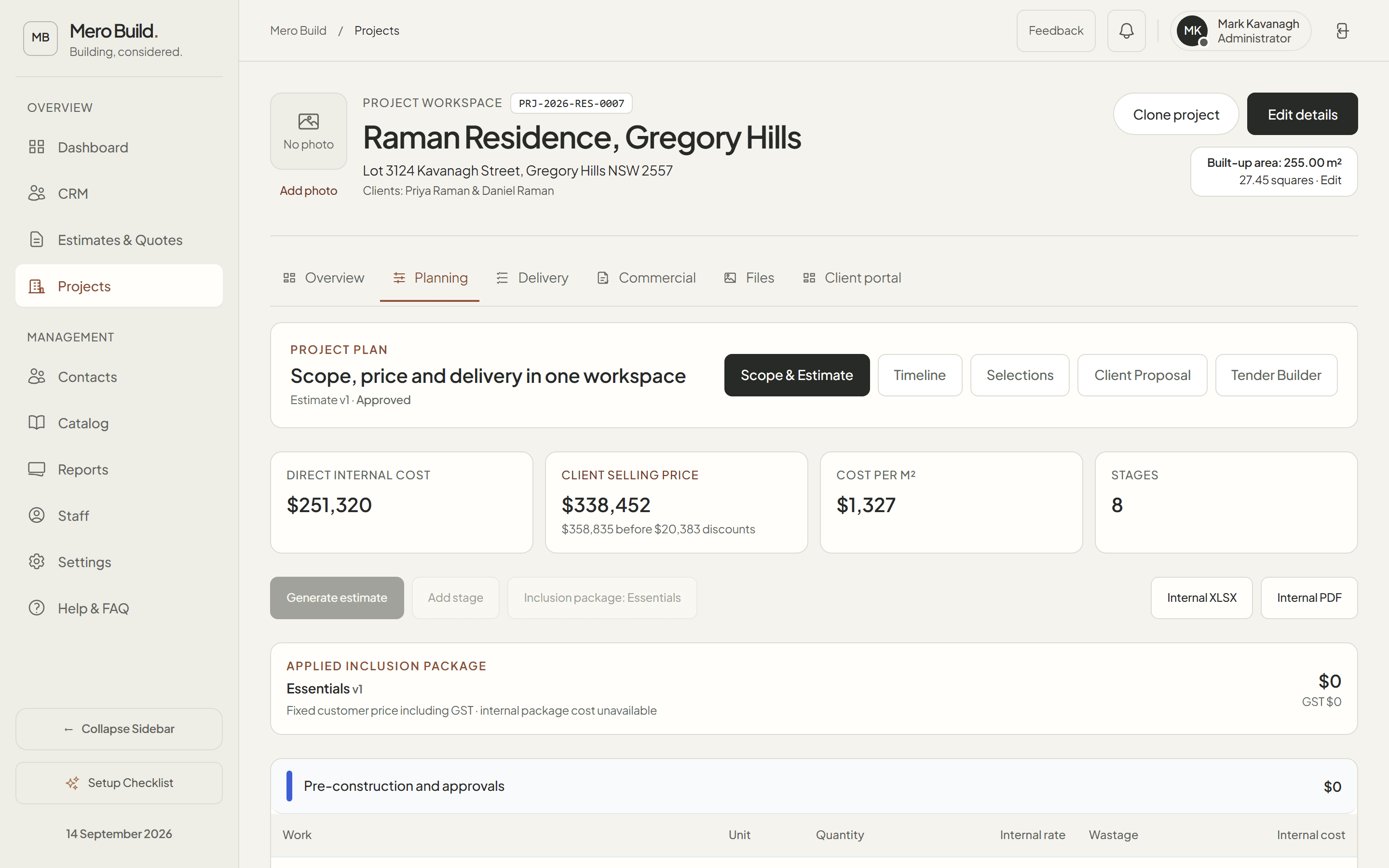 Mero Build estimate workspace showing work stages, quantities and project pricing
