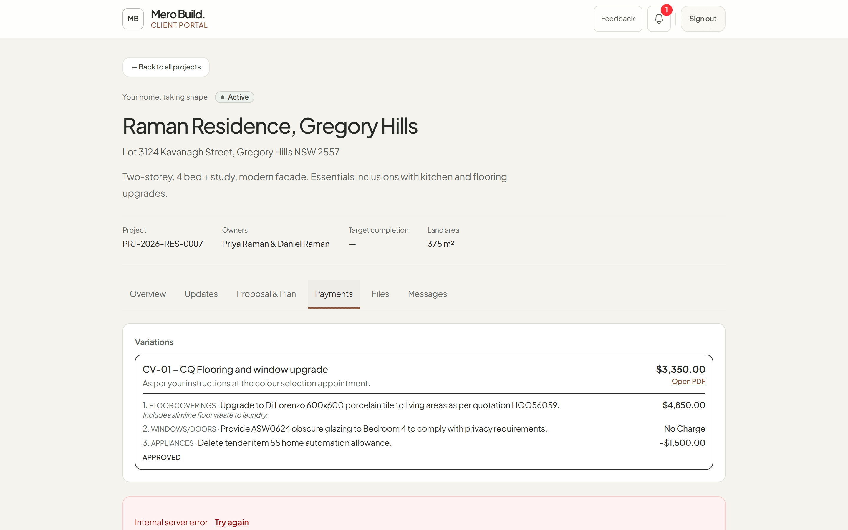 Client portal payments view with contract total, paid, outstanding and tax invoices