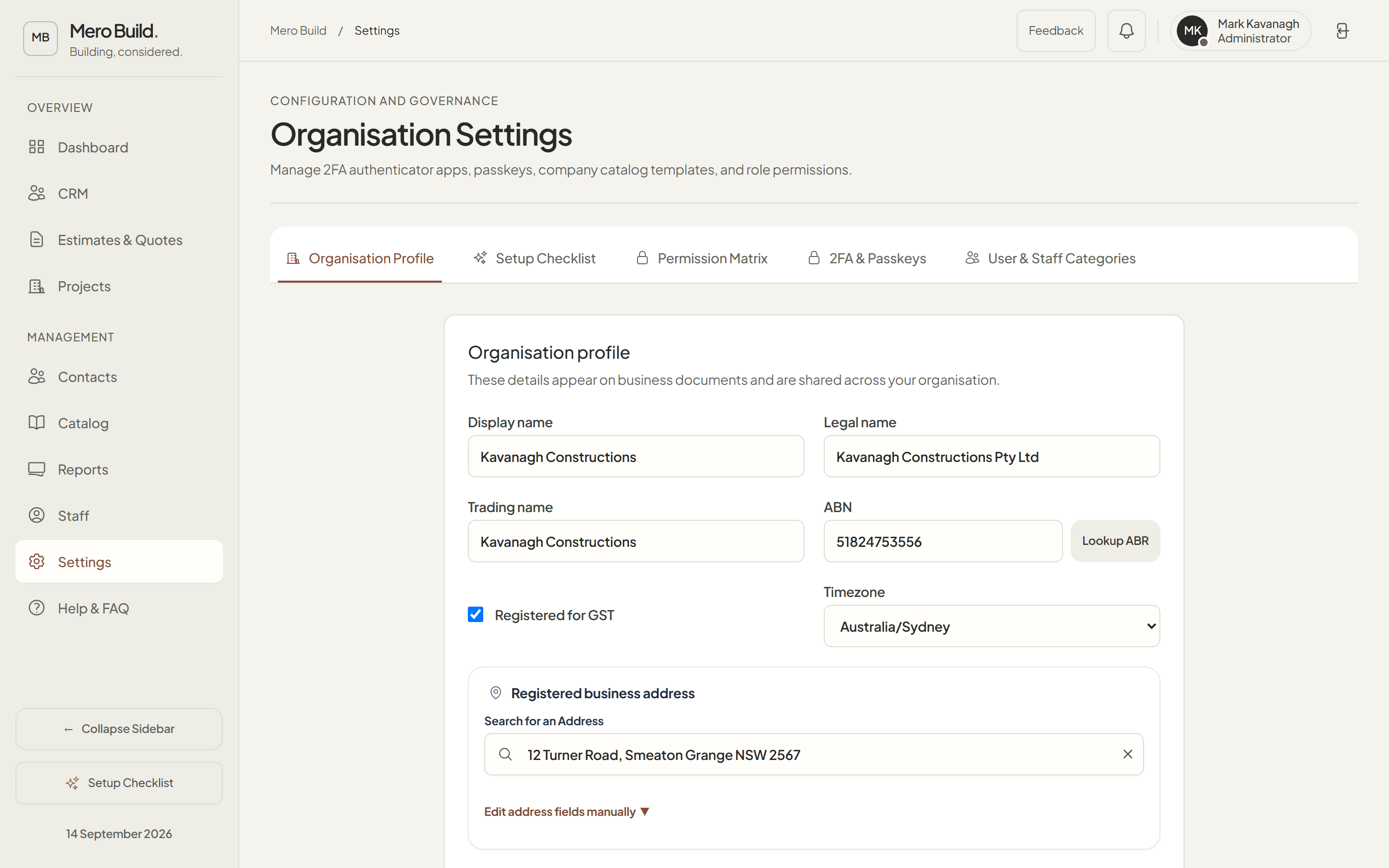 Organisation settings with profile, ABN, licences and document branding