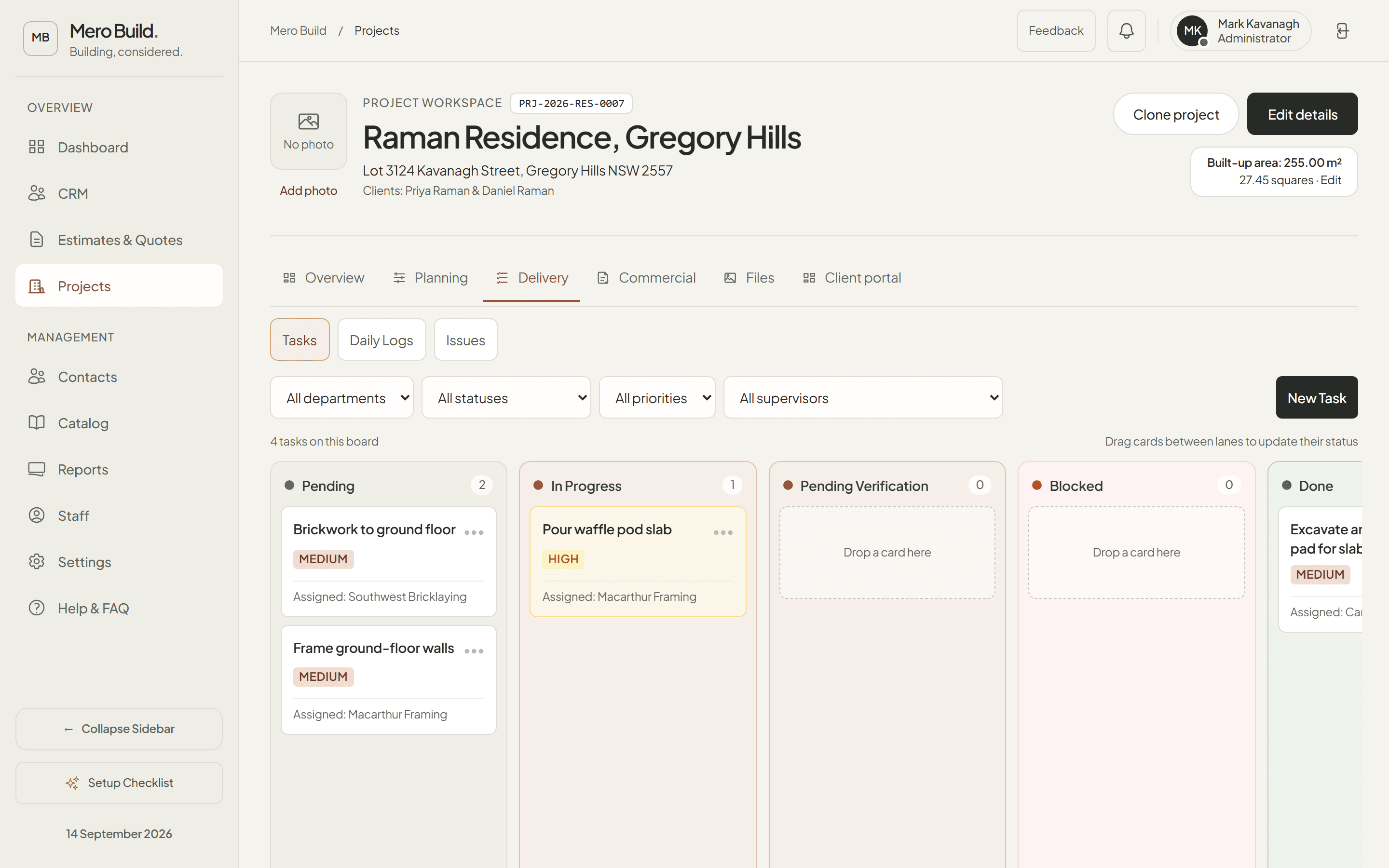 Delivery tasks board with assigned trades, priorities and progress