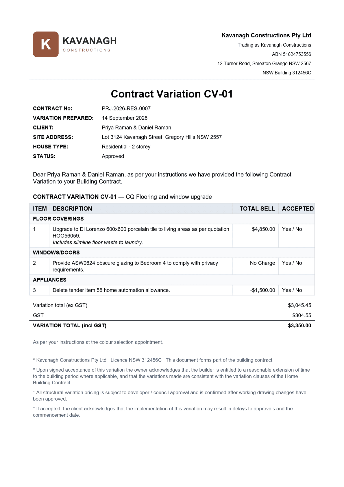 Example Mero Build contract variation PDF