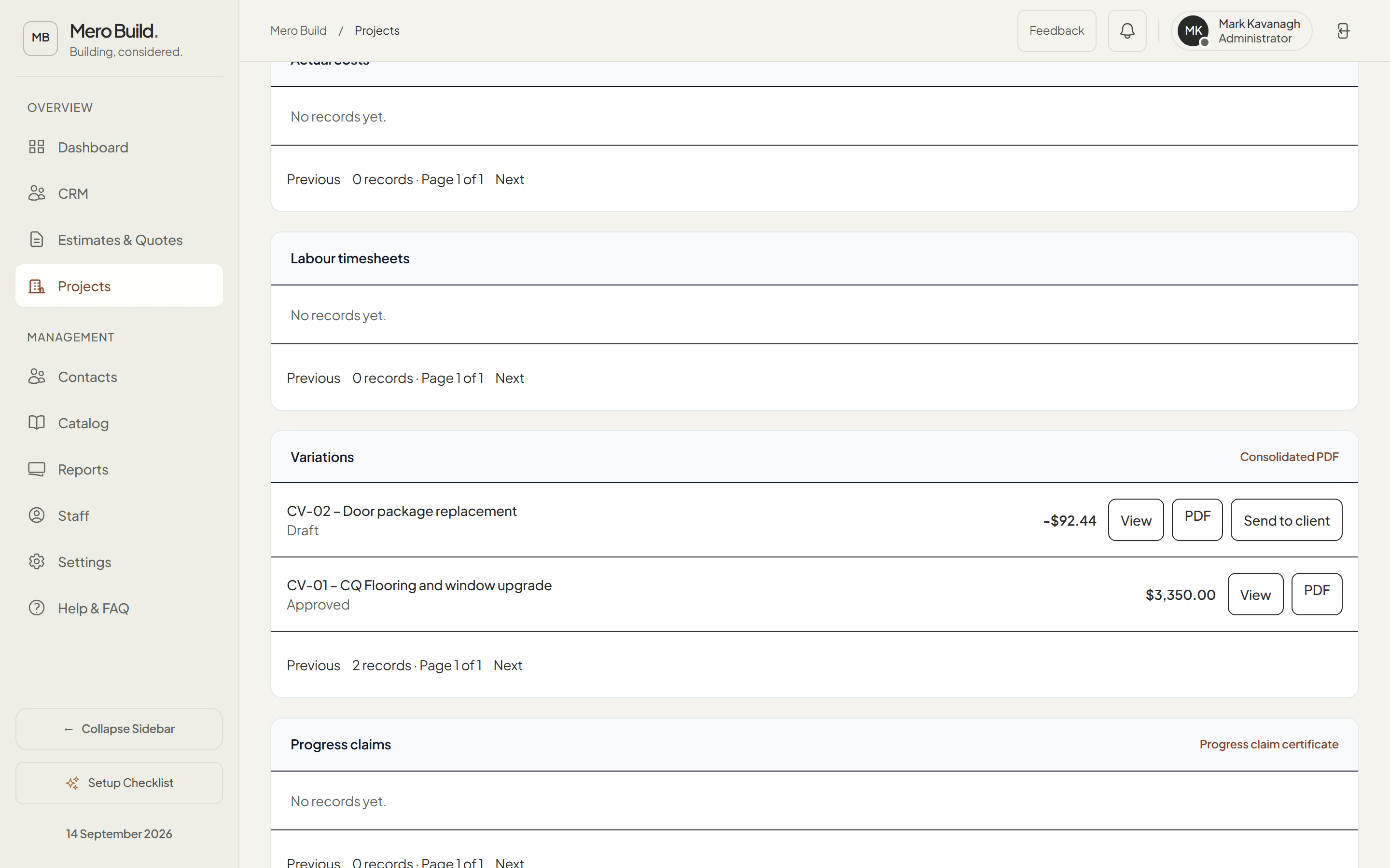 Financial Control variations register listing CV-01 approved and CV-02 draft